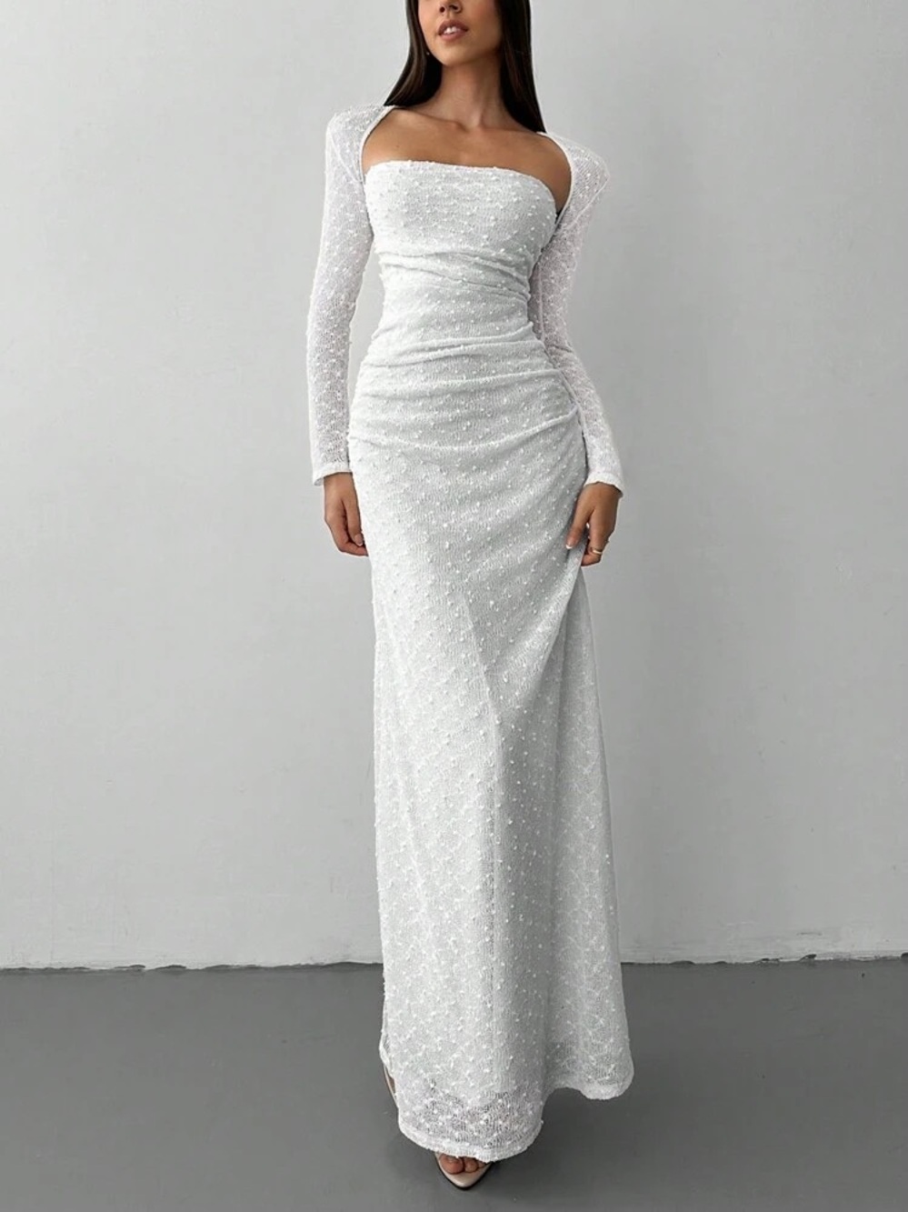 Elegant White Long Sleeve Strapless Evening Dress